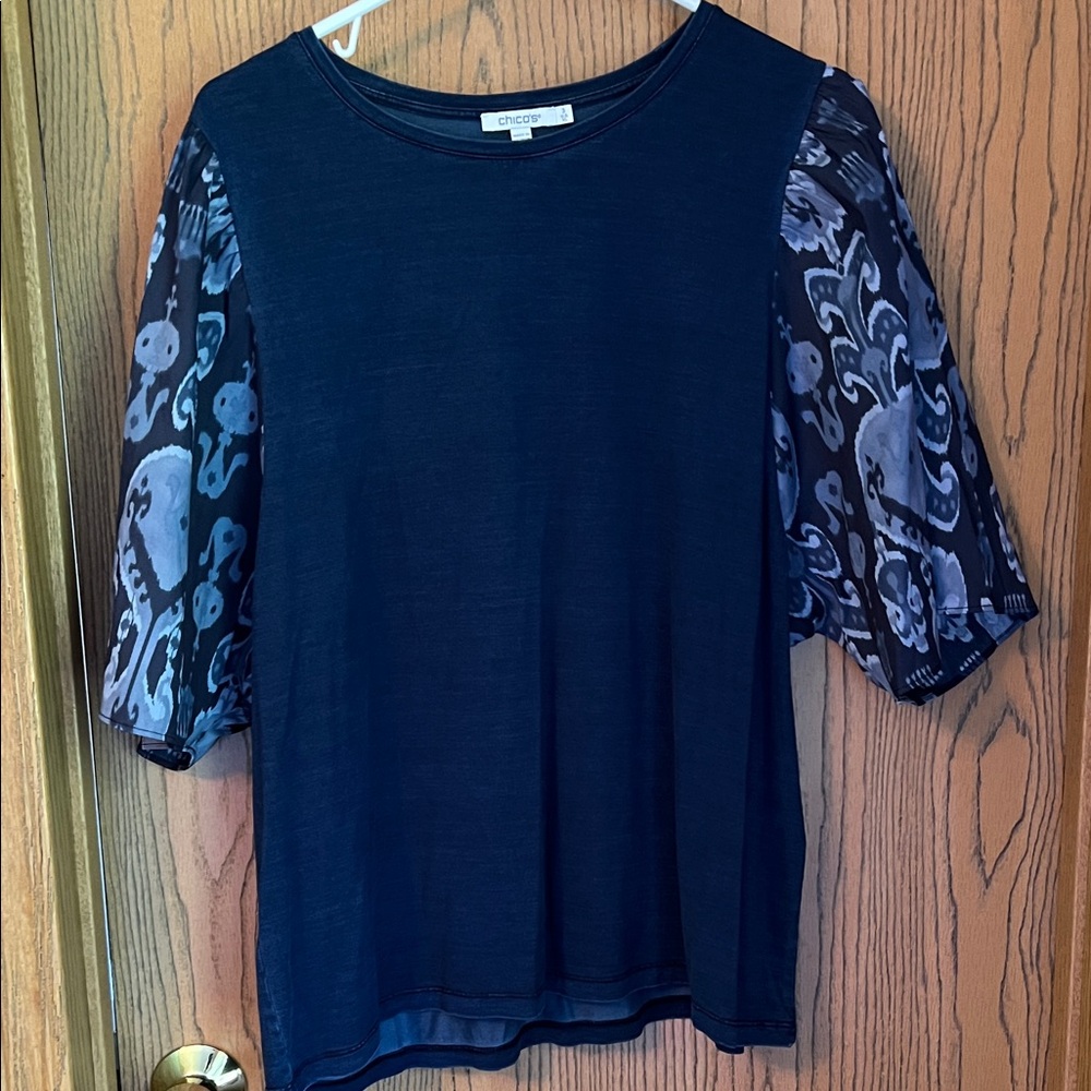 Chico's Dark Blue Top with Sheer Patterned Sleeves